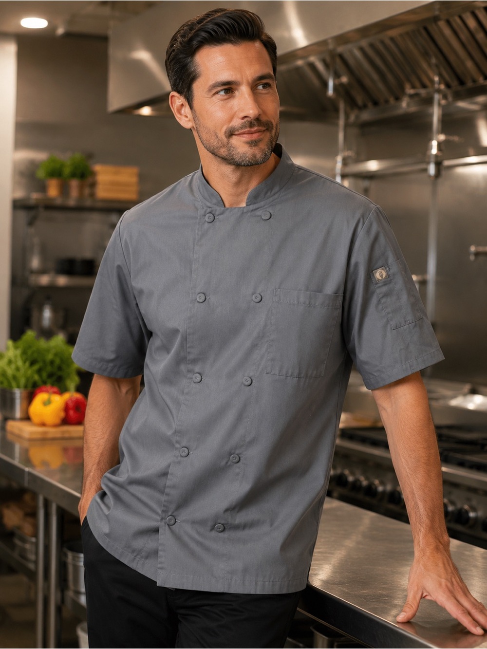 Chef Works Gray Double Breasted Chef Coat Jacket Men’s Size L Restaurant Uniform